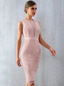 Mesh Insert Guipure Lace Overlay Bandage Dress - Baby Pink - View 5
