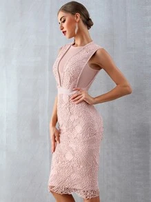 Mesh Insert Guipure Lace Overlay Bandage Dress - Baby Pink - View 7