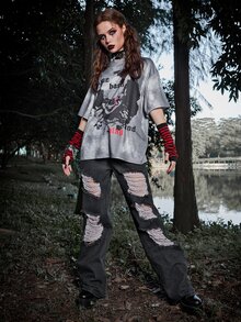 WB Horror | ROMWE Tie Dye Letter Graphic Tee - Grey - View 3