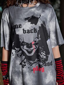 WB Horror | ROMWE Tie Dye Letter Graphic Tee - Grey - View 4