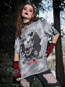 WB Horror | ROMWE Tie Dye Letter Graphic Tee - Grey - View 5