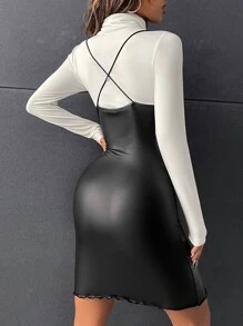 SHEIN Privé 1pc Lettuce Trim PU Leather Cami Bodycon Dress - Black - View 5
