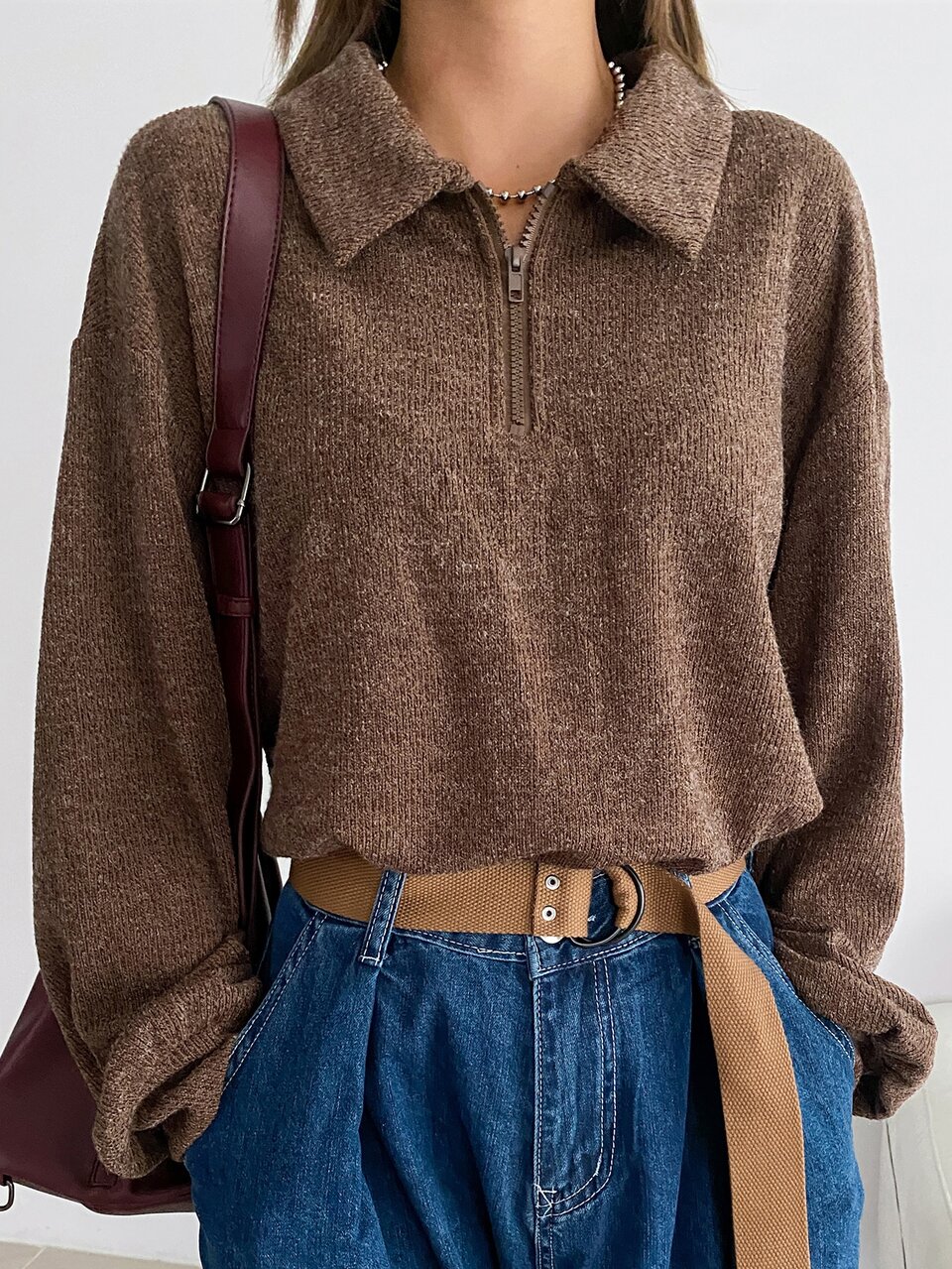 Polo Neck Drop Shoulder Sweatshirt,Long Sleeve Tops,Fall Clothes