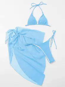 SHEIN Swim Summer Beach Solid Bikini Set Triangle Bra & Tie Side Bottom & Beach Skirt 3 Piece Bathing Suit - Blue - View 5