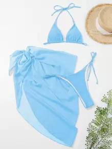 SHEIN Swim Summer Beach Solid Bikini Set Triangle Bra & Tie Side Bottom & Beach Skirt 3 Piece Bathing Suit - Blue - View 6