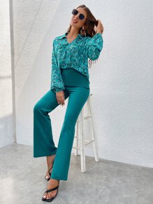SHEIN Privé con estampado de manga farol Camisa & Pantalones acampanados - Agua verde azul - Ver 2