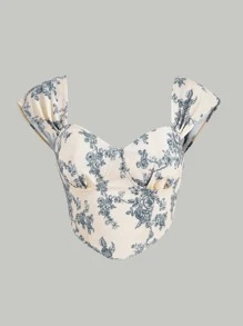 SHEIN MOD Floral Print Ruched Bust Crop Top - Apricot - View 1