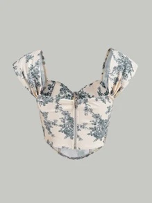 SHEIN MOD Floral Print Ruched Bust Crop Top - Apricot - View 5
