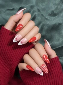 prettysecrets 24 cái Dài Almond Snowflake Pattern Nail Fake & 1sheet Tape & 1pc Nail File - Nhiều màu - Xem 1