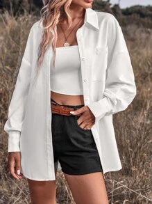 SHEIN LUNE Áo sơ mi nữ Nút phía trước màu trơn Giải trí - trắng - Xem 5