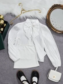 SHEIN Leap Crew Tween Girl 2 件/套休閒純色蝴蝶結燈籠袖襯衫 - 白色 - 查看 1