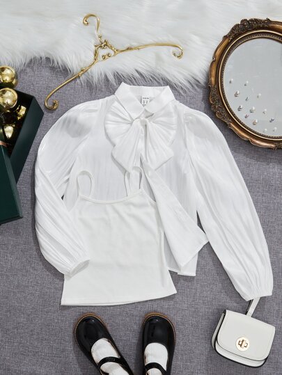 SHEIN Leap Crew Tween Girl 2 件/套休閒純色蝴蝶結燈籠袖襯衫