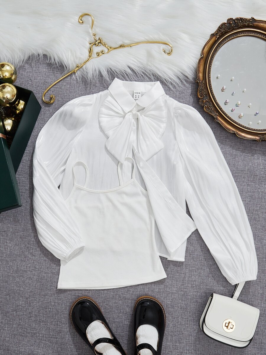 SHEIN Leap Crew Tween Girl 2 件/套休閒純色蝴蝶結燈籠袖襯衫 - 白色 - 查看 1