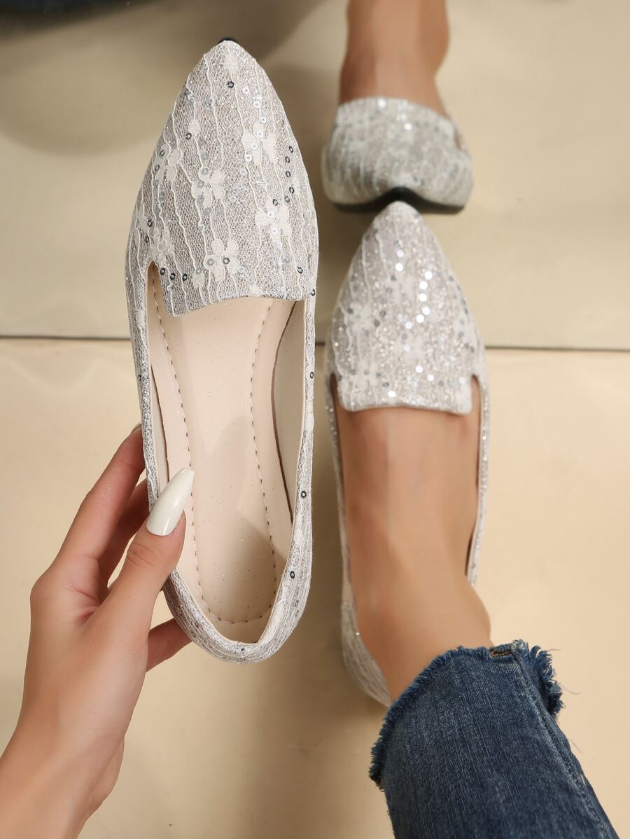 Glitter Contrast Sequin Point Toe Flat Loafers - Beige - View 1