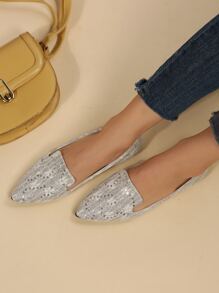 Glitter Contrast Sequin Point Toe Flat Loafers - Beige - View 2