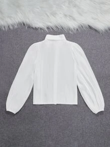 SHEIN Leap Crew Tween Girl 2 件/套休閒純色蝴蝶結燈籠袖襯衫 - 白色 - 查看 2