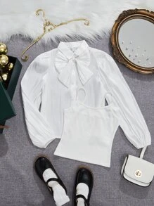 SHEIN Leap Crew Tween Girl 2 件/套休閒純色蝴蝶結燈籠袖襯衫 - 白色 - 查看 6