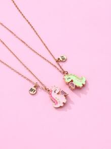 2pcs/set Dinosaur Element Zinc Alloy Colored Oil Droplet Magnet Clasp Necklace For Girls, Suitable For Best Friends' Daily Wear
