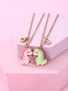2pcs/set Dinosaur Element Zinc Alloy Colored Oil Droplet Magnet Clasp Necklace For Girls, Suitable For Best Friends' Daily Wear