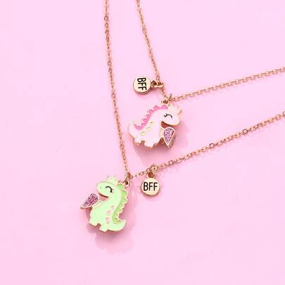 2 piezas/set elemento dinosaurio aleación de Zinc gota de aceite de color collar con cierre magnético para niñas, adecuado para el uso diario de los mejores amigos