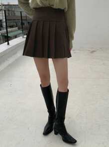 DAZY Solid Pleated Mini Skirt - Chocolate Brown - View 5