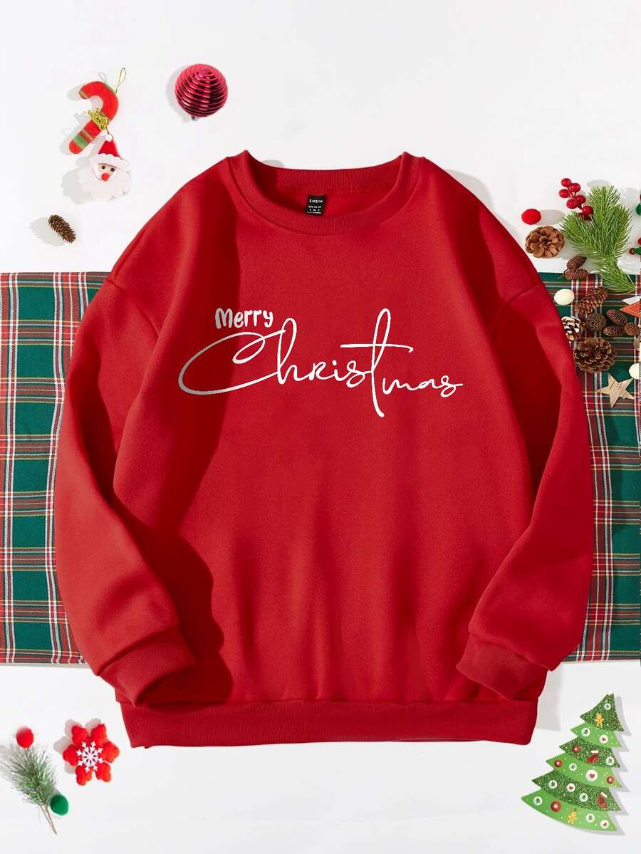 1pc Christmas Slogan Graphic Pullover for Christmas - Red - View 1
