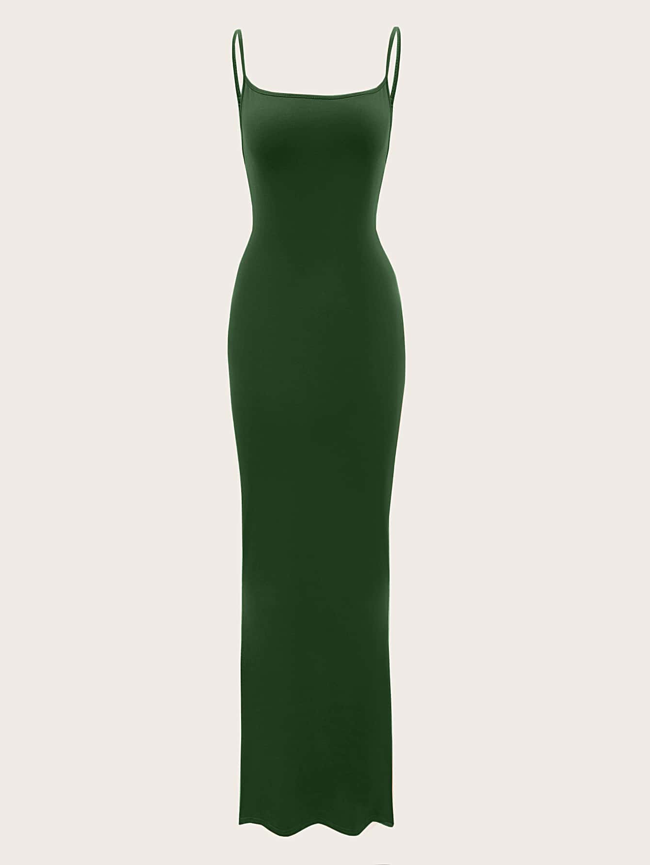 Solid Cami Lounge Dress, Long Dress - Dark Green - View 1