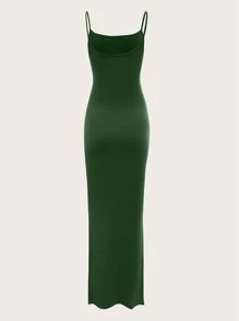 Solid Cami Lounge Dress, Long Dress - Dark Green - View 2
