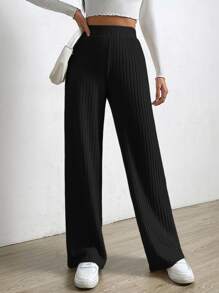 SHEIN EZwear Spring Black Elastic Waist Wide Leg Pants