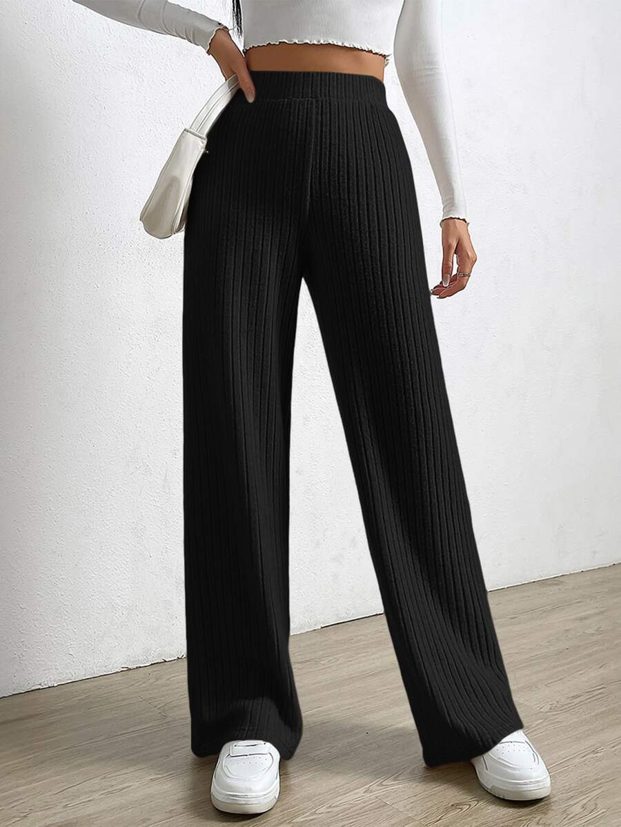 SHEIN EZwear Spring Black Elastic Waist Wide Leg Pants