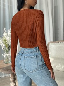 SHEIN EZwear 春裝純色羅紋針織短版 T 卹 - 鏽棕色 - 查看 2