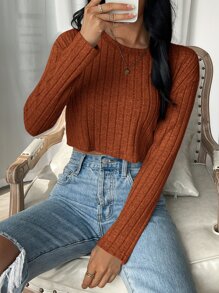 SHEIN EZwear 春裝純色羅紋針織短版 T 卹 - 鏽棕色 - 查看 3