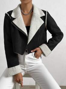 Muchica Teddy Lined Zip Up Crop Faux Suede Jacket - Black and White - View 1