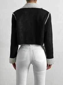 Muchica Teddy Lined Zip Up Crop Faux Suede Jacket - Black and White - View 2