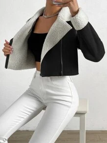 Muchica Teddy Lined Zip Up Crop Faux Suede Jacket - Black and White - View 3