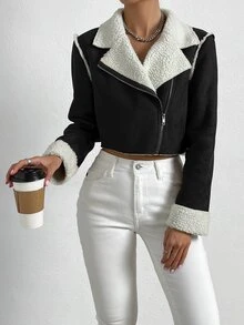 Muchica Teddy Lined Zip Up Crop Faux Suede Jacket - Black and White - View 4