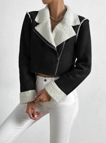 Muchica Teddy Lined Zip Up Crop Faux Suede Jacket - Black and White - View 5