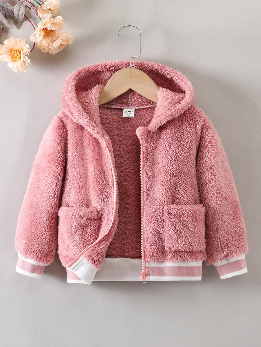 年轻女孩双口袋连帽泰迪夹克 - 藕粉色 - 查看 1