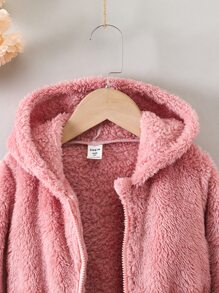 年轻女孩双口袋连帽泰迪夹克 - 藕粉色 - 查看 3