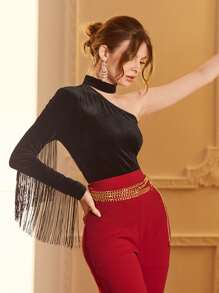 Modelyn Choker Neck Fringe Trim Velvet Tee - Black - View 4