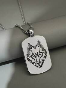 Hombres Collar con colgante lobo cabeza rectángulo - Plata antigua - Ver 1