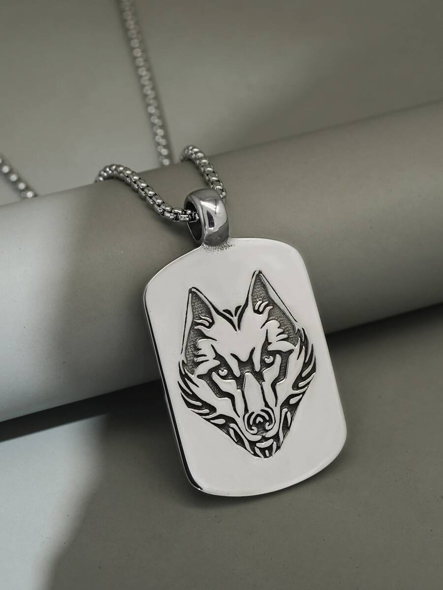 Hombres Collar con colgante lobo cabeza rectángulo - Plata antigua - Ver 1