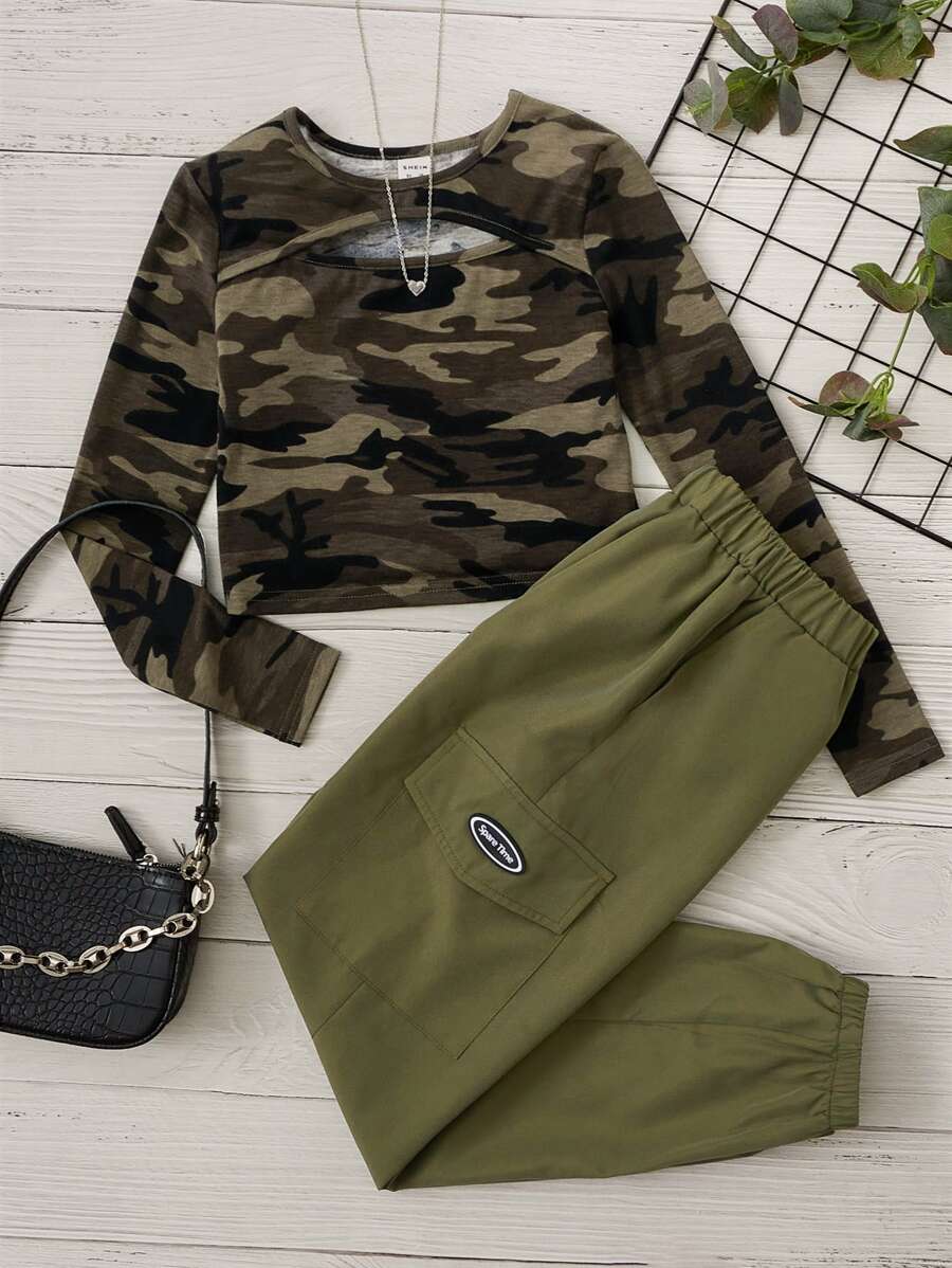 SHEIN Tween Girl 2入組休閒迷彩印花t恤和戰術褲 - 彩色 - 查看 1
