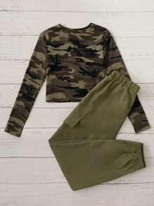 SHEIN Tween Girl 2入組休閒迷彩印花t恤和戰術褲 - 彩色 - 查看 2