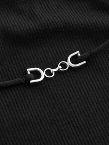 SHEIN MOD Áo thun dệt kim có gân lạnh có dây buộc bằng kim loại, đi chơi hàng đầu - màu đen - Xem 7