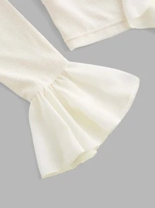 SHEIN MOD Ruffle Trim Tie Front Flounce Sleeve Tee - Beige - View 6