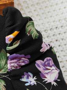 SHEIN Girls Floral Print Square Neck Belted Dress - Black - View 3