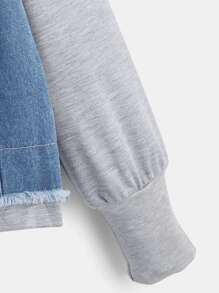 SHEIN Teen Girls Colourblock Flap Pocket Zip Up Hooded Denim Jacket - Medium Wash - View 2