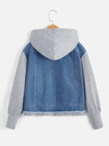 SHEIN Teen Girls Colourblock Flap Pocket Zip Up Hooded Denim Jacket - Medium Wash - View 3