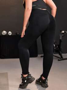 SHEIN Yoga Basic 大碼收復素色運動打底褲 - 黑色 - 查看 1